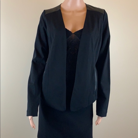 Eileen Fisher Black Leather Trim Ponte Open Blazer Jacket - Picture 2 of 7